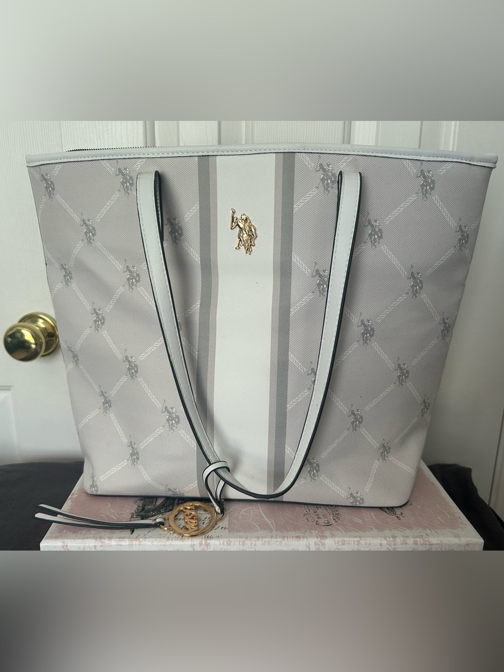 U.S. Polo Assn. Light Gray and White Stripe Tote with Gold Logo